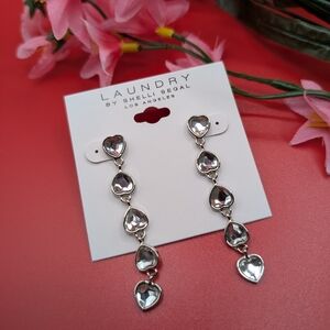 NWT Silver Tone Long Crystal Hearts Dangly Earrings - Laundry by Shelli Segal